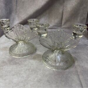 Iris and Herringbone Depression Glass Candlestick Holders Set of 2
